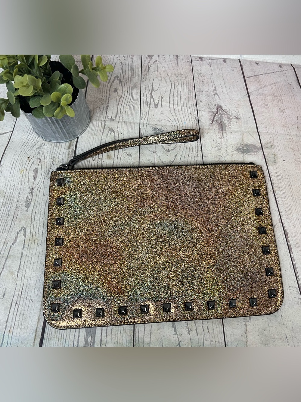 Rebecca Minkoff Kerry Pouch Gold Glitter Studded Leather Clutch Wristlet 10x6.5